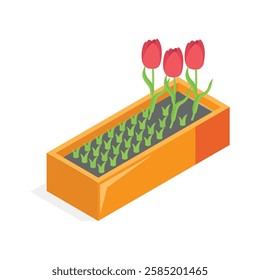An isometric icon of a potted plant with two bright orange flowers