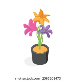 An isometric icon of a potted plant with two bright orange flowers
