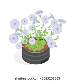 An isometric icon of a potted plant with two bright orange flowers