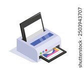 Isometric icon of a printer with paper being printed, symbolizing document production.