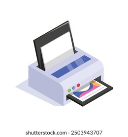 Isometric icon of a printer with paper being printed, symbolizing document production.