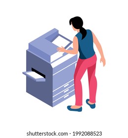 Isometric icon with professional printer and woman on white background vector illustration