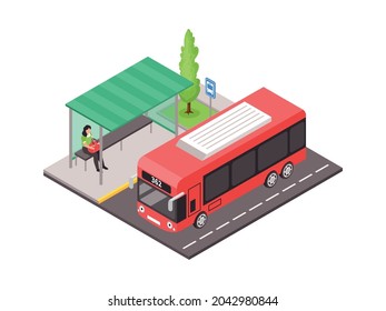 Isometric icon with public transport and woman sitting at bus stop 3d vector illustration