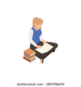 Isometric icon of reading high school student 3d vector illustration