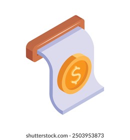 Isometric icon of a receipt with a dollar coin, representing financial transactions