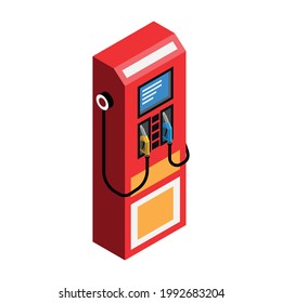 Isometric Icon Of Red Fuel Dispenser Petrol Pump On White Background Vector Illustration