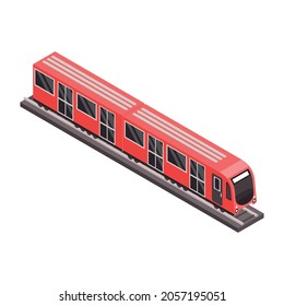 Isometric icon with red subway train on rail track vector illustration