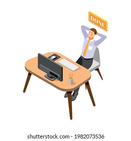 Isometric icon with relieved man finished his work in office 3d vector illustration