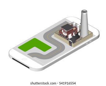Isometric icon representing factory building with a pipe, cisternae, fence with a barrier - standing on the smartphone screen. Vector illustration isolated on white background.