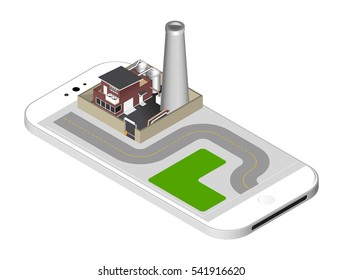 Isometric icon representing factory building with a pipe, cisternae, fence with a barrier - standing on the smartphone screen. Vector illustration isolated on white background.