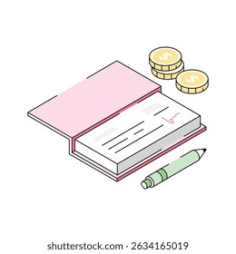 An isometric icon representing a financial cheque process
