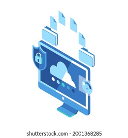 Isometrisches Symbol für Ordner, die Dateien sicher und schnell auf dem Computerbildschirm übertragen