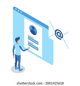 Isometric Icon Representing A Man Standing in Front of Computer Screen Filling Username and Password