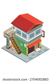 Icono isométrico que representa una casa moderna en un estilo de varios niveles con una escalera lateral adecuada para aplicaciones de desarrollo de mapas
