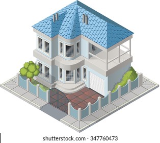 Isometric icon representing modern house with backyard