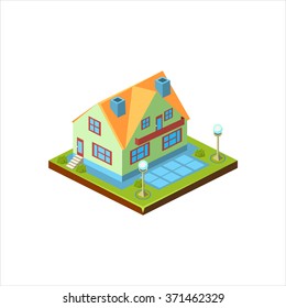 Isometrische Ikone, die das moderne Haus mit Hinterhof-Vektorgrafik repräsentiert
