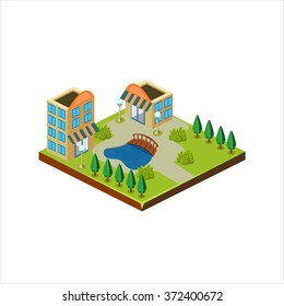 Isometric icon representing modern house with backyard vector