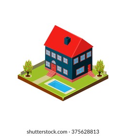 Isometric icon representing modern house with backyard vector