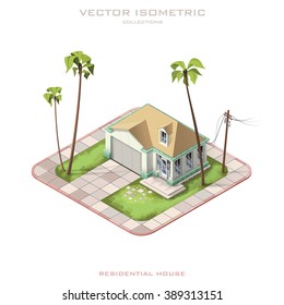 Isometric icon representing modern house with backyard