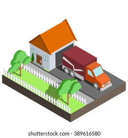 Isometric icon representing modern house. Truck in the yard.
