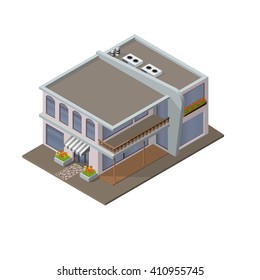 Isometric icon representing modern house with terassa