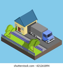 Isometric icon representing modern house. Truck in the yard.