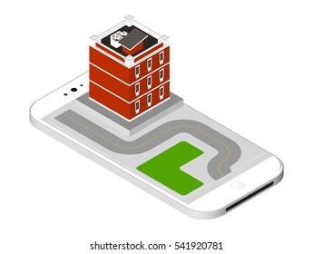 Isometric icon representing modern house with a road standing on the smartphone screen. Urban dwelling Building with a windows and air-conditioning. Vector illustration isolated on white background