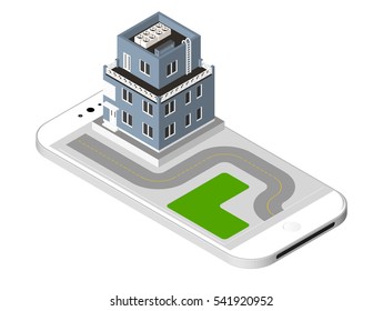 Isometric icon representing modern house with a road standing on the smartphone screen. Urban dwelling Building with a windows and air-conditioning. Vector illustration isolated on white background