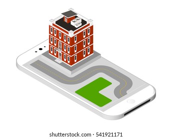 Isometric icon representing modern house with a road standing on the smartphone screen. Urban dwelling Building with a windows and air-conditioning. Vector illustration isolated on white background