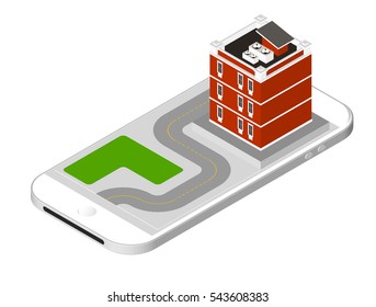 Isometric icon representing modern house with a road standing on the smartphone screen. Urban dwelling Building with a windows and air-conditioning. Vector illustration isolated on white background