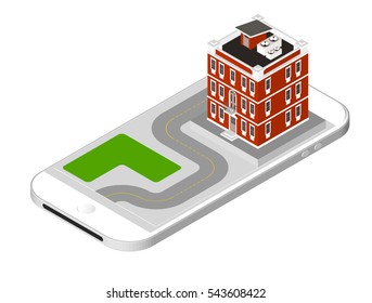 Isometric icon representing modern house with a road standing on the smartphone screen. Urban dwelling Building with a windows and air-conditioning. Vector illustration isolated on white background