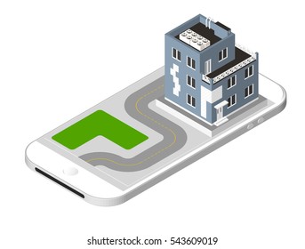 Isometric icon representing modern house with a road standing on the smartphone screen. Urban dwelling Building with a windows and air-conditioning. Vector illustration isolated on white background