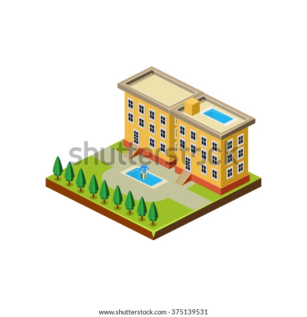 Isometric icon representing modern house with\
backyard vector