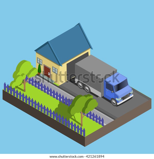 Isometric icon representing modern house. Truck in\
the yard.