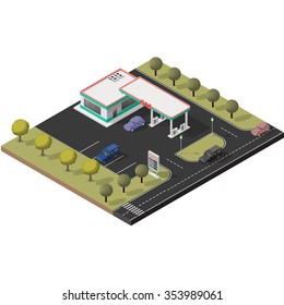 Isometric icon representing small gas station with detailed cars