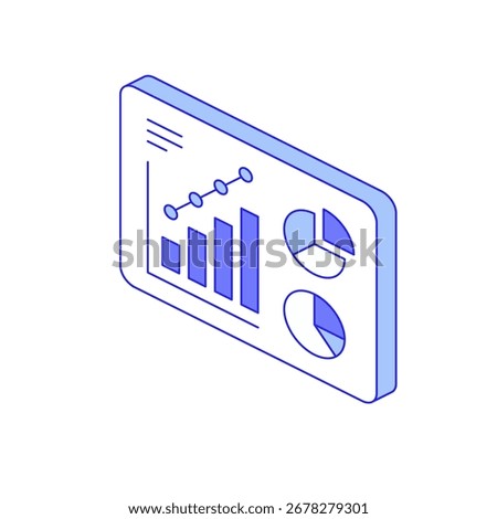 Isometric icon representing smart factory data analytics. Symbolizes performance tracking, decision-making, and visualization of key metrics through charts, graphs, and dashboards.