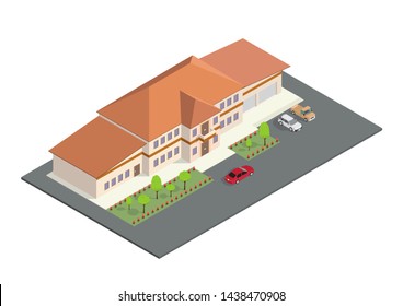 isometric icon represents a modern home with a parking area and a front garden