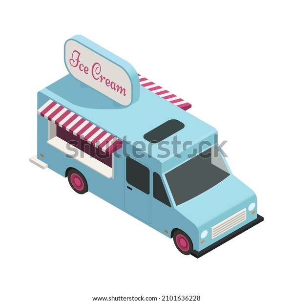 Isometric icon with retro blue ice cream\
truck on white background 3d vector\
illustration