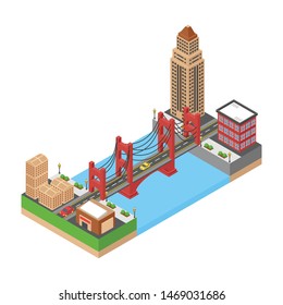 Isometric icon of roadside bridge building vector 