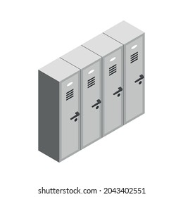 Isometric icon with row of metal school lockers on white background vector illustration