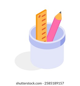 An isometric icon of a ruler and pencil inside a desk organizer