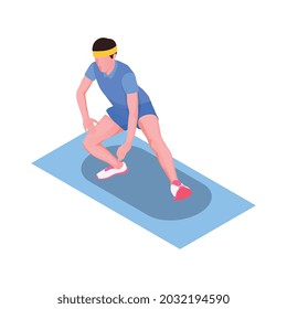 Icono isométrico con patas de estiramiento del corredor en la ilustración vectorial mat 3d