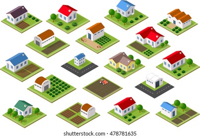 Isometric Icon Rural Countryside With Houses, Gardens, Parks For Web Sites And Applications