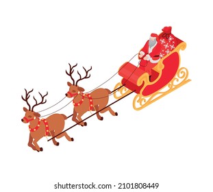 Isometric icon with santa claus carrying presents riding in sleigh with reindeer 3d vector illustration