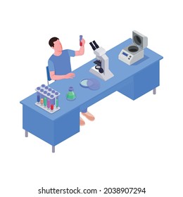 Isometric icon with science laboratory worker at desk 3d vector illustration