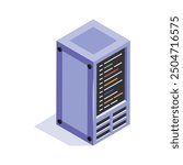 Isometric icon of a server rack with colorful indicators, used for data storage