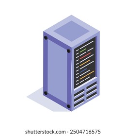 Isometric icon of a server rack with colorful indicators, used for data storage