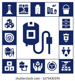 isometric icon set. 17 filled isometric icons.  Simple modern icons such as: Building, Cube, Perspective, Blood bag, Transfusion, Cabinet, Blood transfusion, Foosball, Cubes, 3d