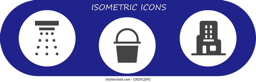  isometric icon set. 3 filled isometric icons.  Simple modern icons about  - Smoke detector, Cube, Skyscraper