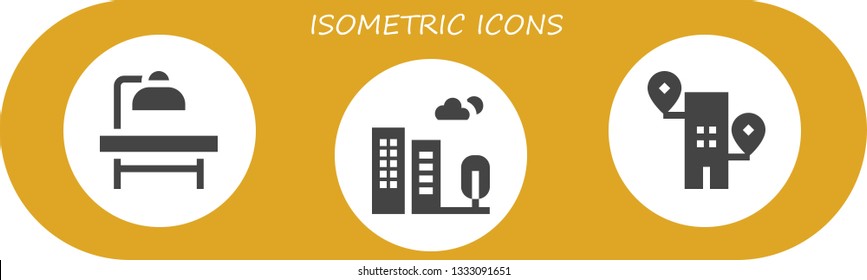 isometric icon set. 3 filled isometric icons.  Collection Of - Operating table, Building